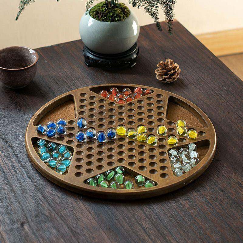 木质六角弹珠跳棋棋盘玻璃珠跳棋儿童学生档益智子学生玻璃弹珠