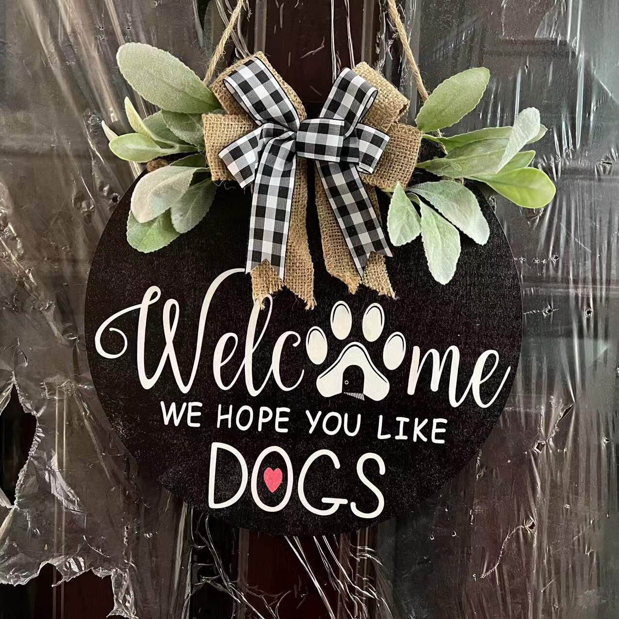 美式乡村welcome门牌 木质欢迎门牌双蝴蝶结Dogs装饰门牌