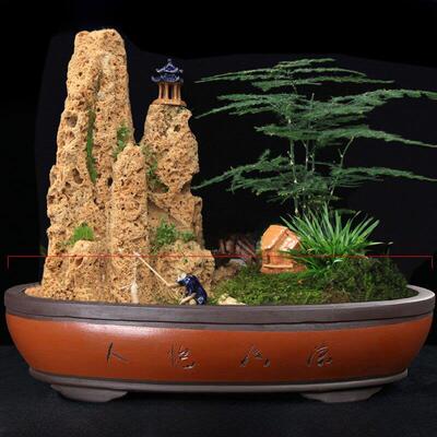 紫砂花盆假山流水造景花盆可养鱼室内椭圆形陶瓷花盆长方形景观无