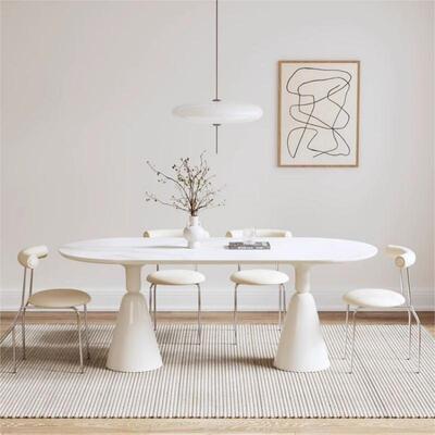 奶油风椭圆形岩板餐桌中古风家用小户型轻奢法式餐厅饭桌椅组合