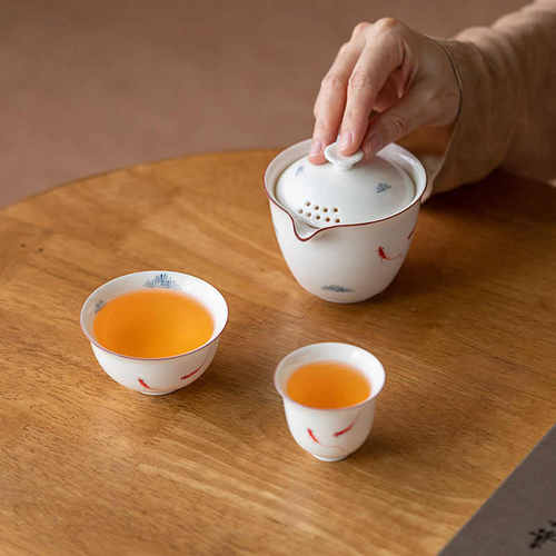 一壶茶具彩陶瓷下杯釉鱼快杯便携手绘二杯旅行客便携式白瓷快戏客