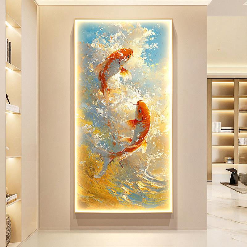 金色海浪玄关装饰画招财锦鲤走廊过道挂画轻奢肌理入户门带灯壁画