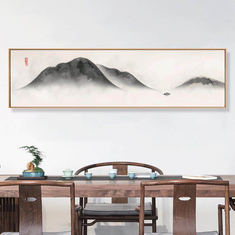 新中式靠山大气茶室横幅书房挂画水墨山水卧室壁画床头客厅装饰画
