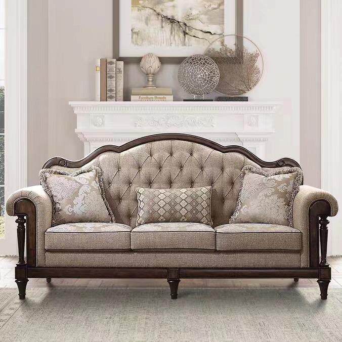 美式实木沙发布艺三人法式复古做旧棉麻双人别墅客厅茶几边几家具