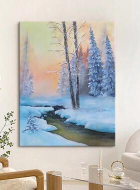 新中式雪景河流风景玄关卧室装饰画树林客厅白桦林雪山水美式挂画