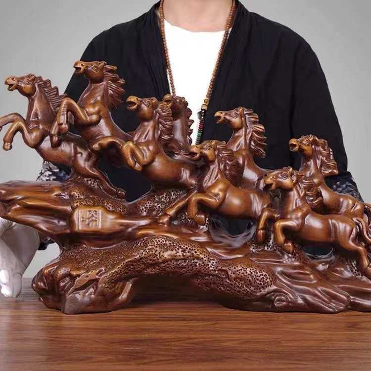 实木雕八骏马摆件大号八骏图办公室桌面工艺品公司开业乔迁送礼品