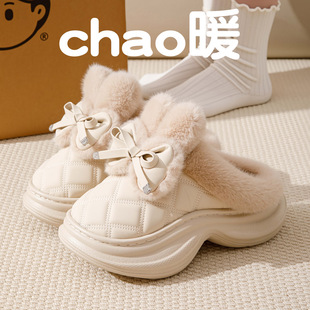 厚底增高蝴蝶结棉拖鞋女冬季2025新款PU皮防水保暖毛绒拖鞋可外穿