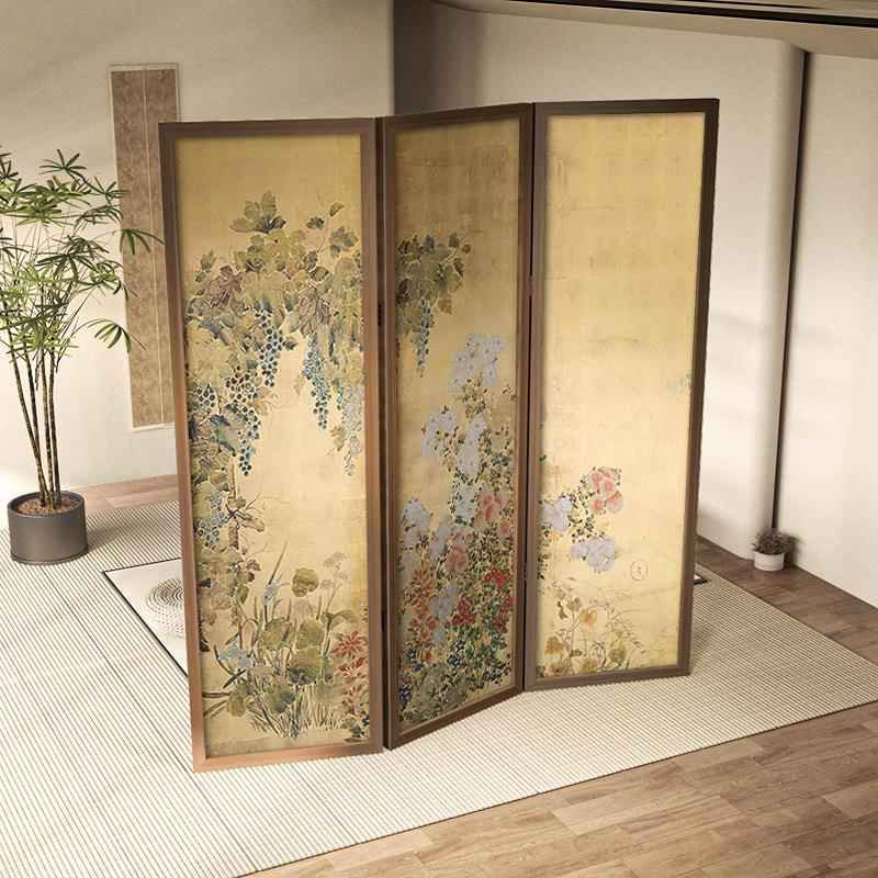 新折中复古花草屏风隔断客厅折叠移动遮挡办饰Z4公室书房装式实木