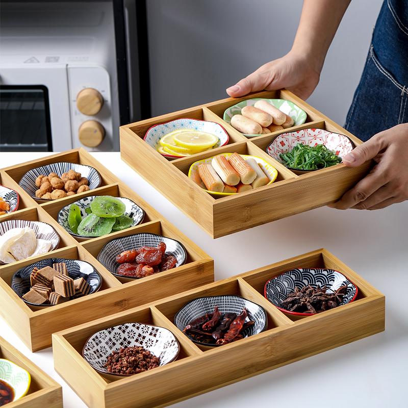 创意竹木四宫格餐具碟子分格餐盘蔬菜托盘烤肉木盘拼盘一品日用瓷