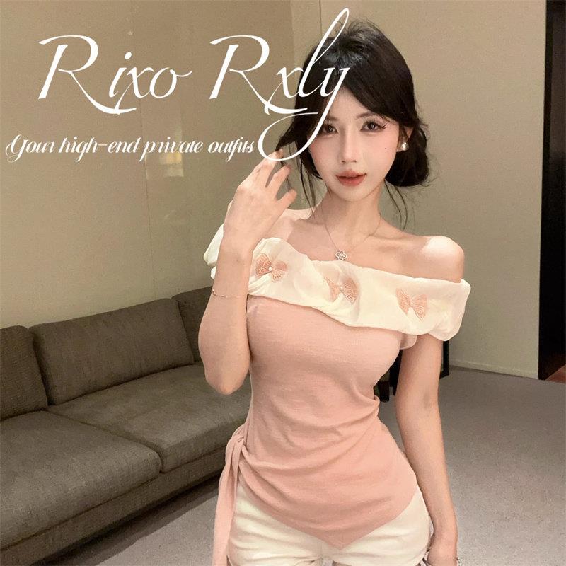 RIXO RXLY蝴蝶结一字肩短袖T恤女春夏季小众设计感修身显瘦上衣