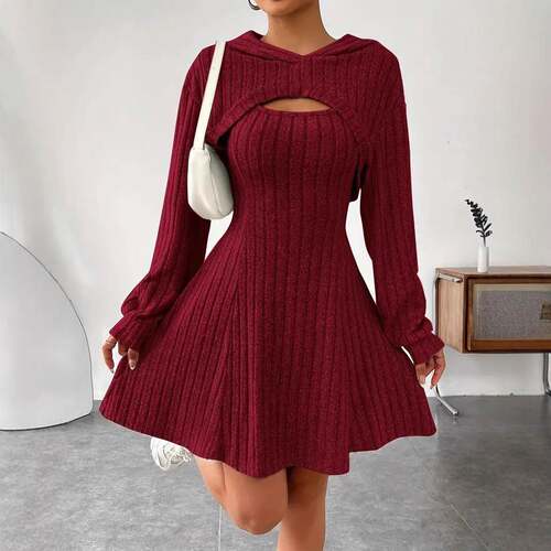 Womens Two-Piece Solid Color Knit Set Casual Bishop Sleeve
