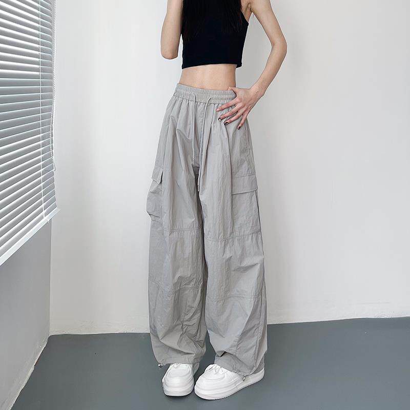 韩国薄款工装阔腿裤女夏季大码宽松显瘦冰丝速干休闲裤运动直筒裤