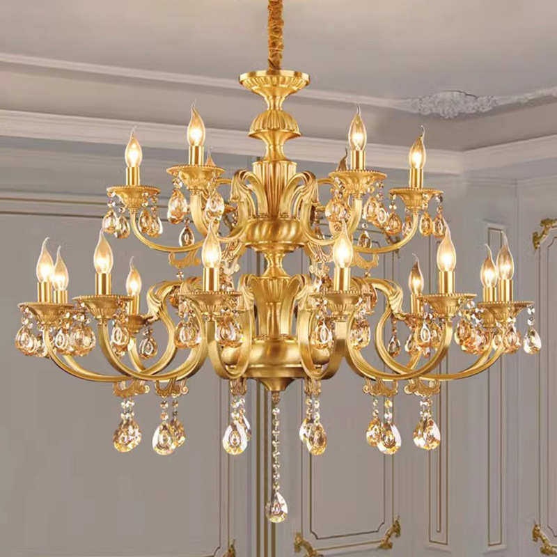 复古全铜蜡烛水晶吊灯欧式别墅中空跃层酒店大堂双层吊灯,家装灯饰光源,客厅吊灯,淘宝优惠券,粉丝福利购,淘宝优惠卷