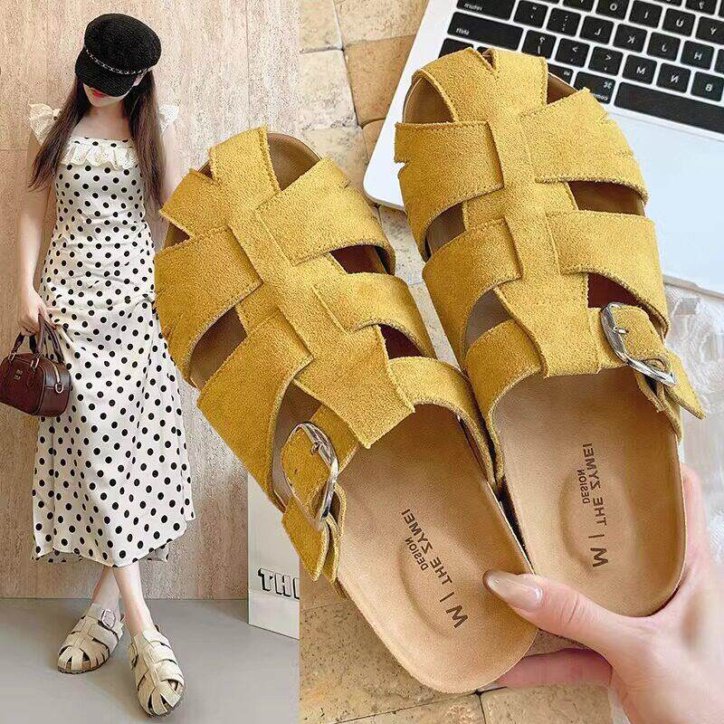 香港真皮厚底黄色勃肯包头半拖鞋女夏季外穿2026新款编织猪笼凉拖