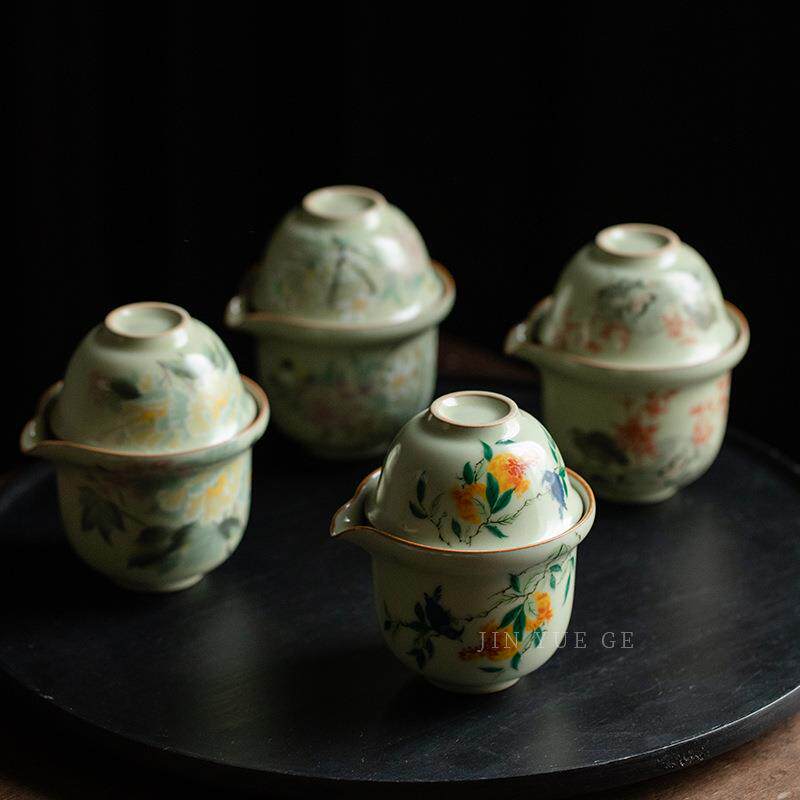 秘黄汝窑一壶两杯快客旅行茶具花鸟图懒人户外茶具便携茶具小套装