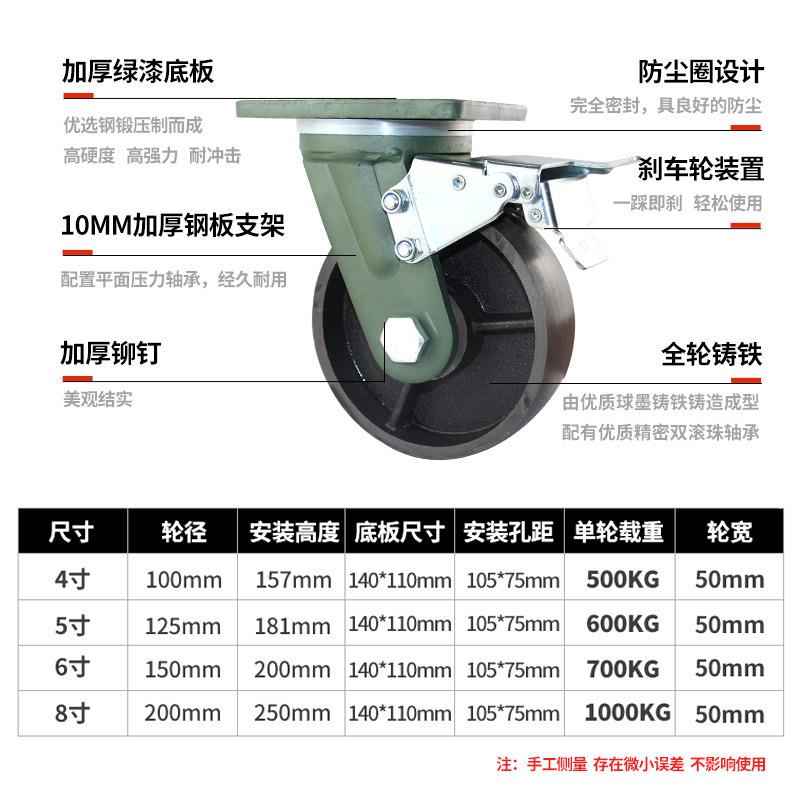 4寸5寸6寸8寸超重型全重铁轮带刹车加脚轮吨载重4寸1工业轮承子