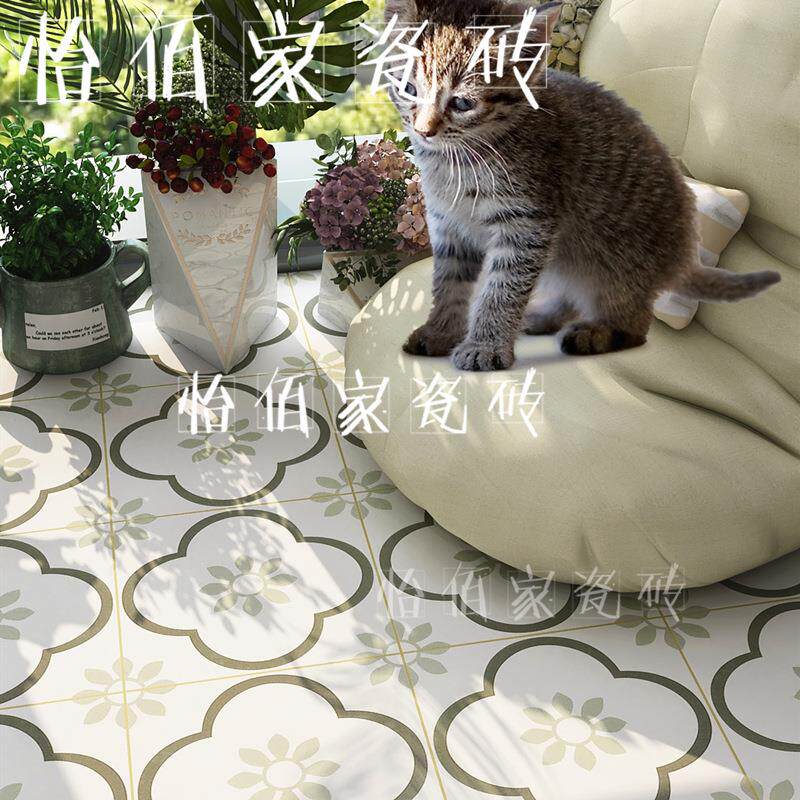北欧浅绿花型小花砖200×200阳台花园庭院厨房卫生间地砖浴室墙砖