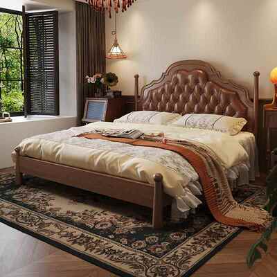 法式复古安娜实木床主卧储物油蜡皮真皮软包床美式床1.8m双人床