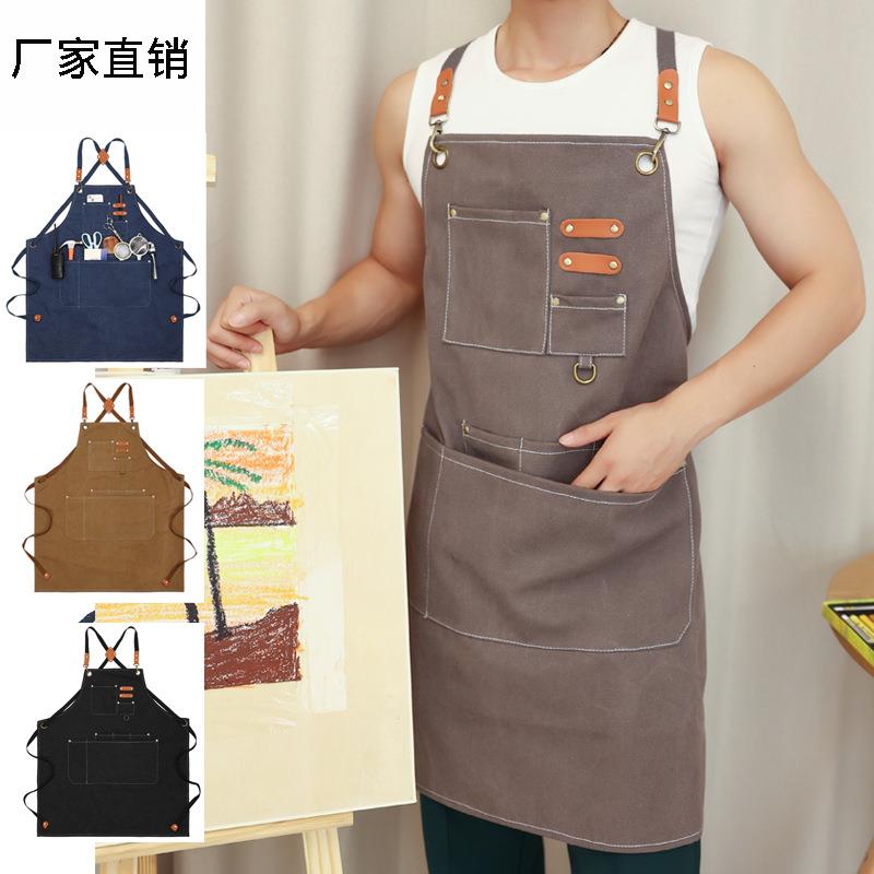 新款直销跨境外贸全棉防水厚帆布围裙家用厨房围腰工作服涤棉厚帆