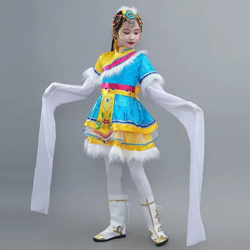 高档儿童族古舞蹈演出装六一新款民族蒙表演服水袖服装藏服女童表