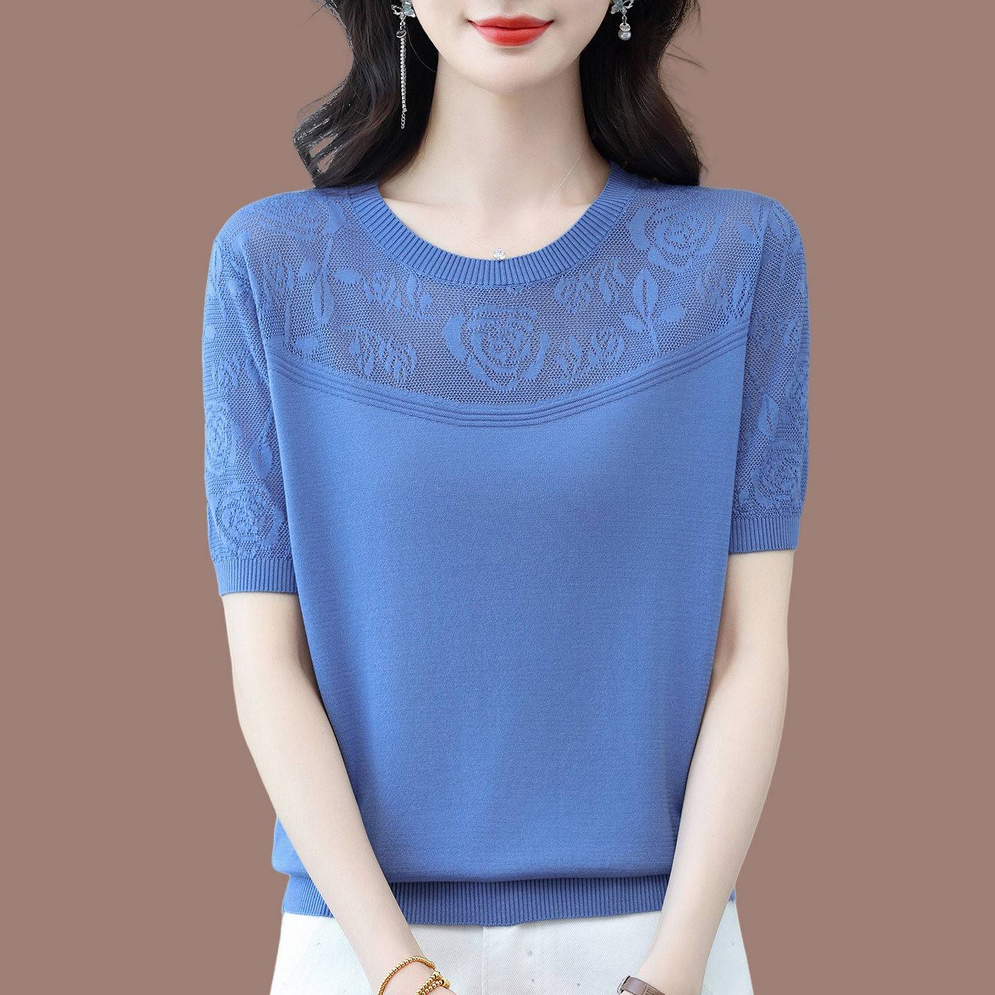 中年妈妈装桑蚕丝短袖T恤女夏季薄款镂空宽松洋气减龄针织打底衫