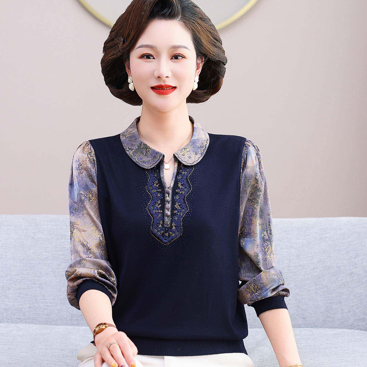 中老年人春装女长袖T恤 妈妈款太太翻领衬衣小衫奶奶夏上衣服套装