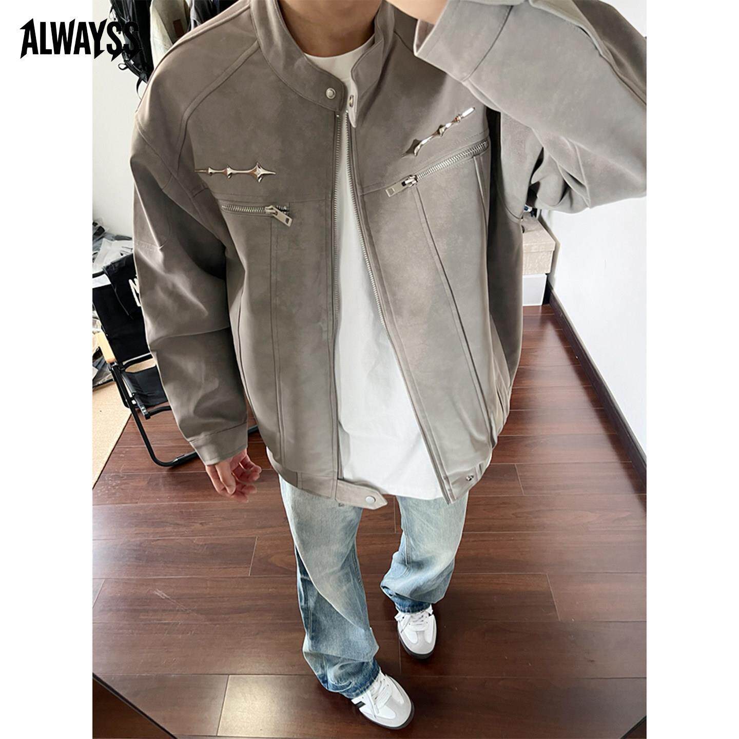 雾面扎染皮衣外套男春秋季美式痞帅机车飞行夹克男休闲立领棒球服