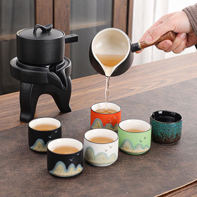 黑陶懒人石自动茶具GXQ旋茶转出磨水家用防烫茶壶办公室会客自动
