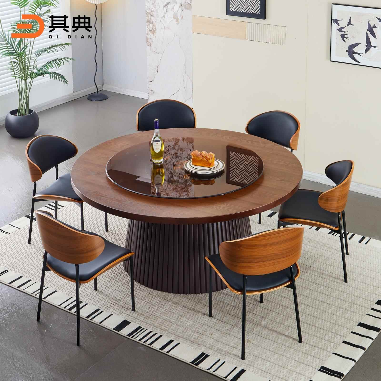 酒店中古风实木圆形餐桌家用饭桌别墅宴会餐厅烧烤饭店包厢桌子