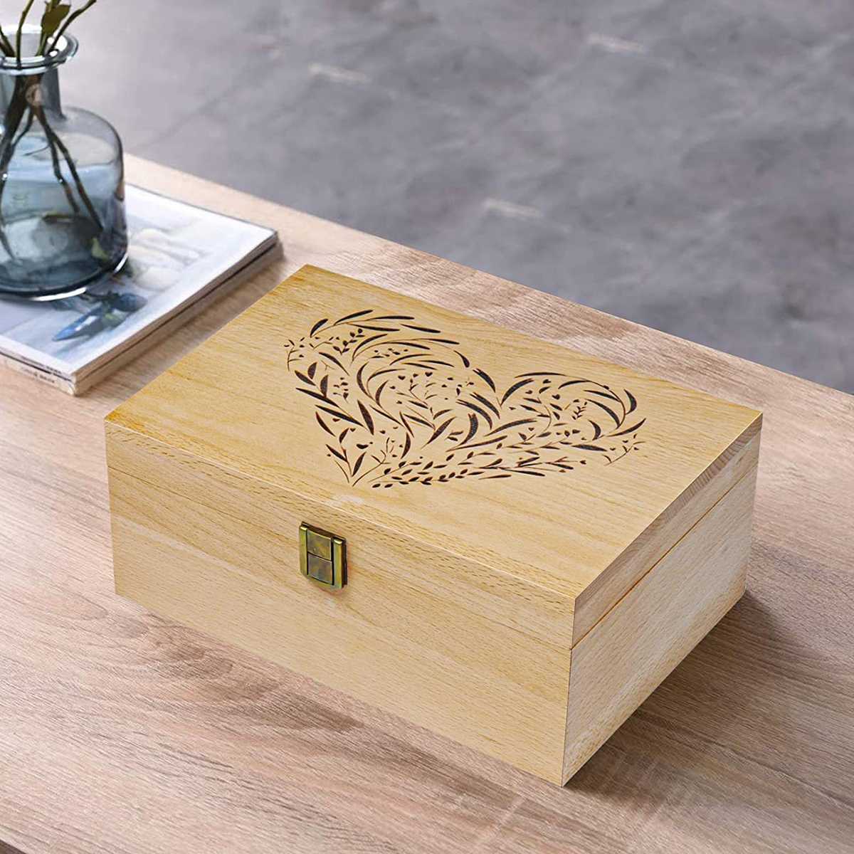 木制雕刻碎花玩具照片收纳盒杂物收纳翻盖带锁木质收纳盒圣诞礼品