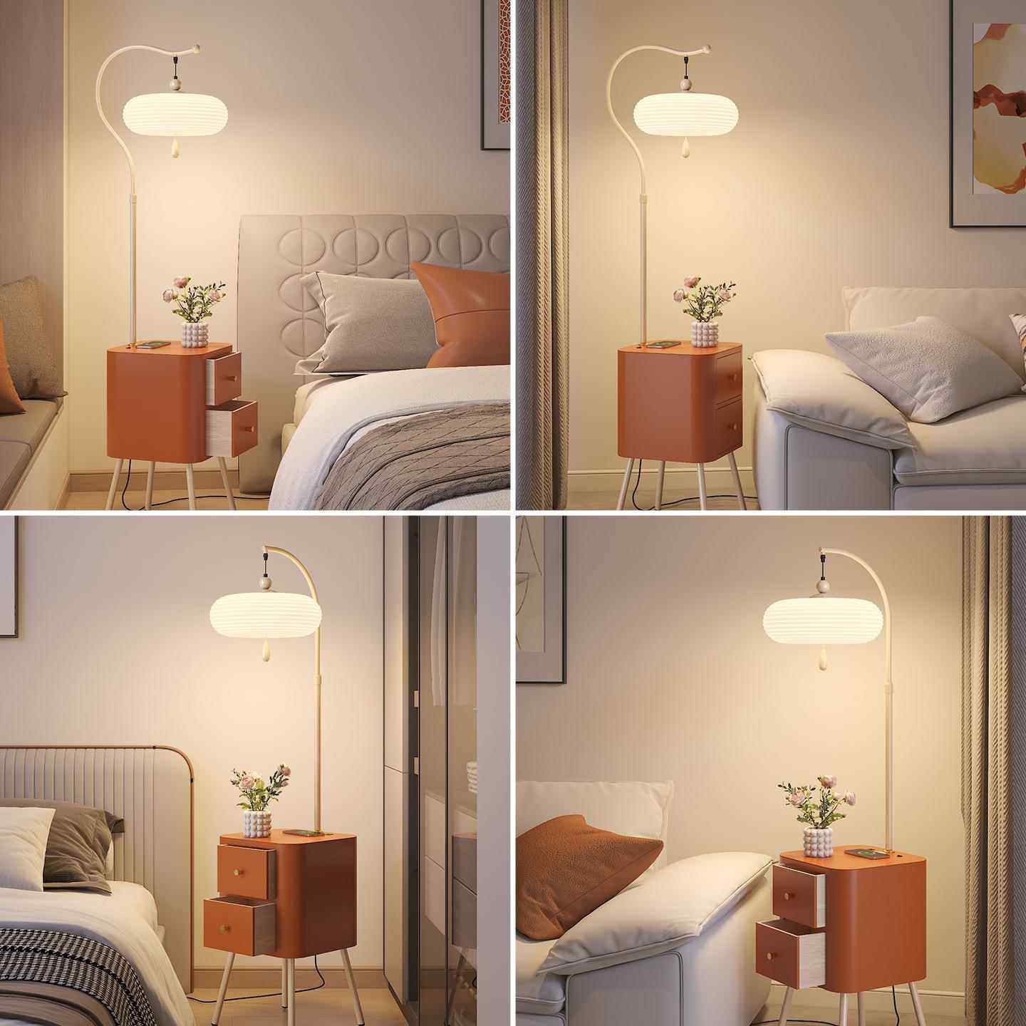 中古落地灯客厅沙发边几美式复古胡桃木色卧室床头置物柜一体台灯