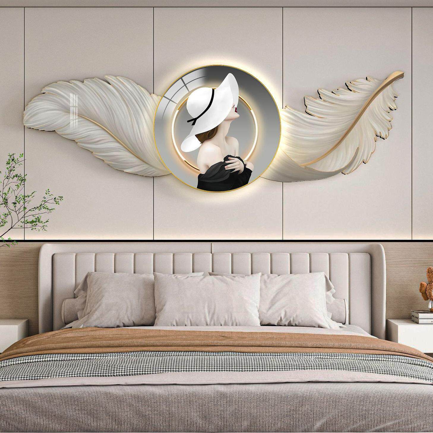 主卧床头挂画现代轻奢高级感卧室装饰画温馨房间背景墙画羽毛壁画