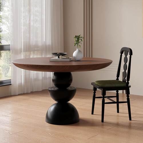 实木圆形餐桌新款中古风设计师法式覆古胡桃木色家用小户型圆桌