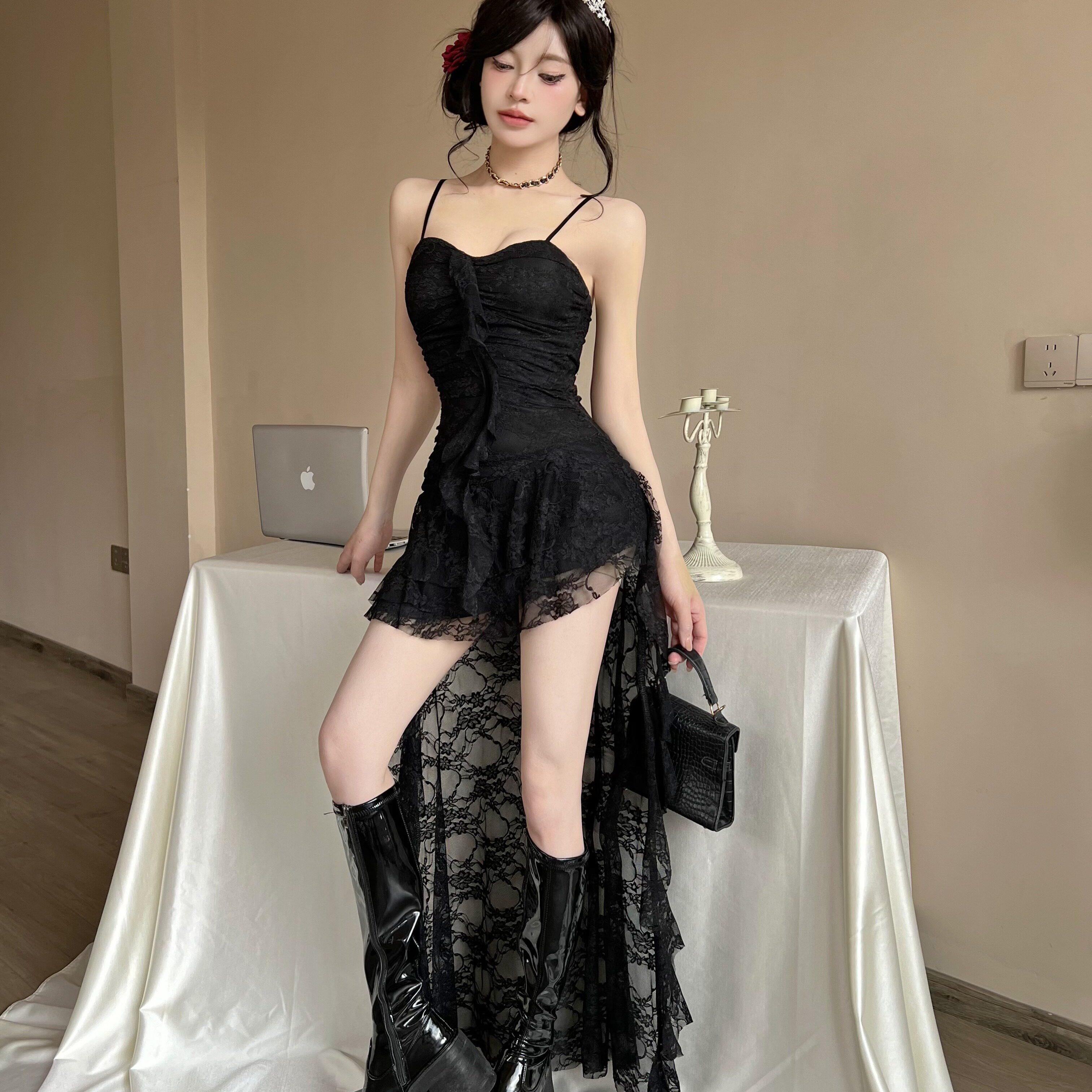 性感低胸蕾丝不规则长款吊带连衣裙2025新款夜场柔式技师工作服女
