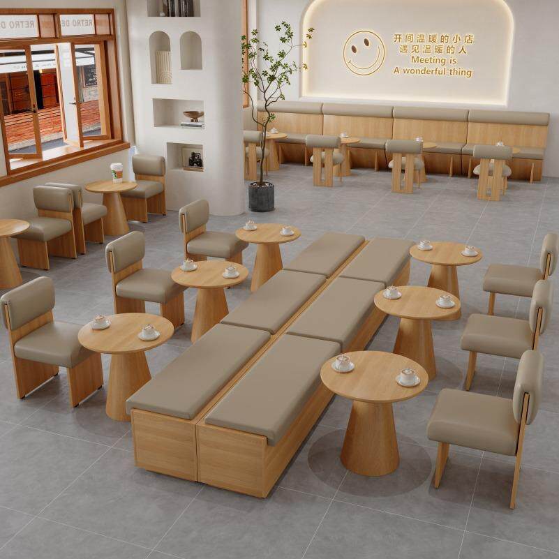 咖啡厅原木靠墙卡座沙发商务洽谈休闲桌椅书吧餐饮家具商用家具