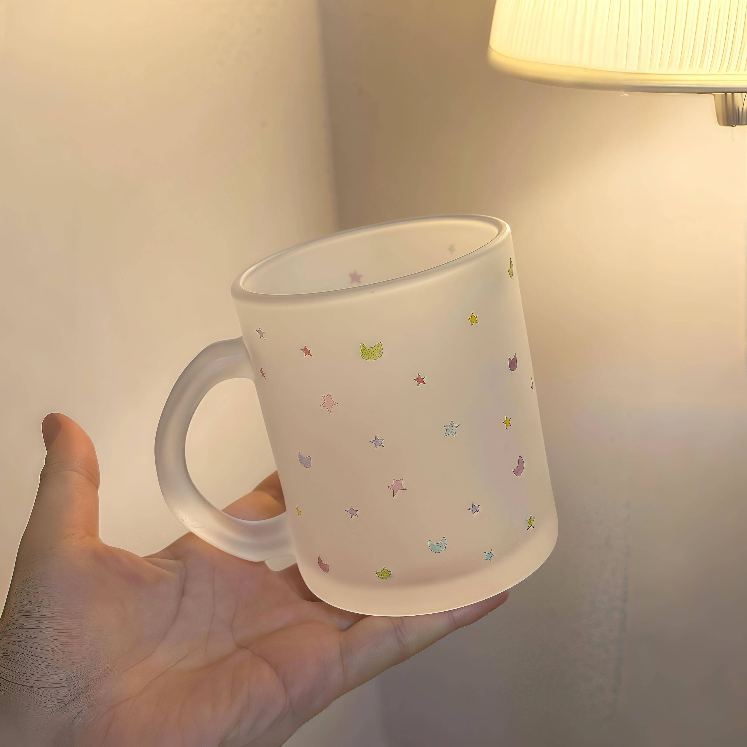 星星玻璃杯磨砂马克杯带把手大容量牛奶咖啡杯家用喝水杯子高颜值