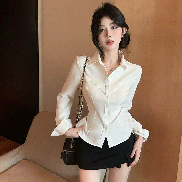 纯欲收腰白色衬衫女春秋季长袖修身性感紧身衬衫制服职业工作服