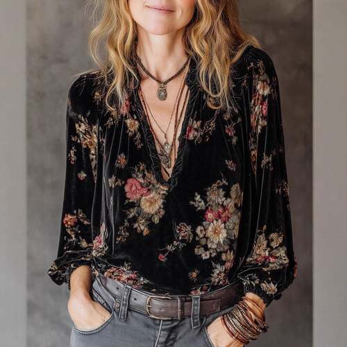 Women Floral Print Sleeve Shirt Commuter Blouse Button Front