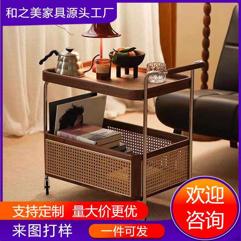 北欧实木边几黑胡桃木收纳小推车客厅沙发藤编置物边柜