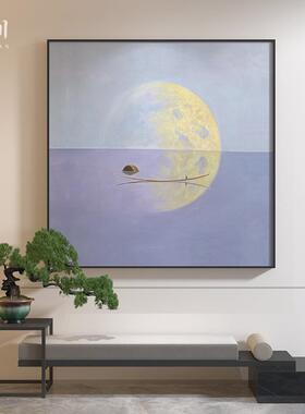 新中式装饰画蓝色湖面倒影意境中国风轻奢客厅玄关壁画方形挂画