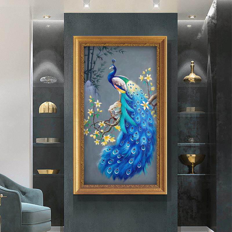 欧式入户玄关装饰画竖版招财风水走廊过道入门孔雀壁画客厅油挂画