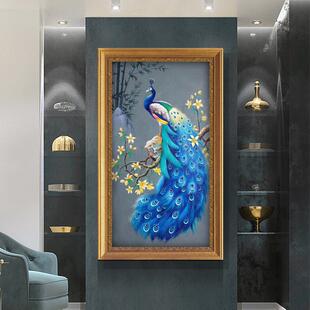 欧式入户玄关装饰画竖版招财风水走廊过道入门孔雀壁画客厅油挂画
