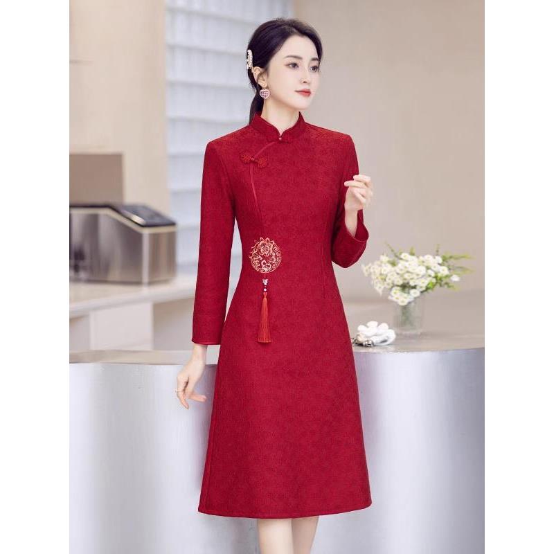 Ocnltiy红色喜婆婆旗袍女秋冬新款高端喜妈妈婚宴结婚礼服连衣裙