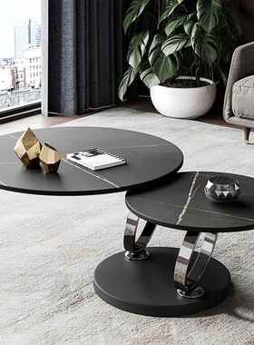 意式客厅岩板茶几现代简约大小圆小户型轻奢多功能大理石旋转茶几