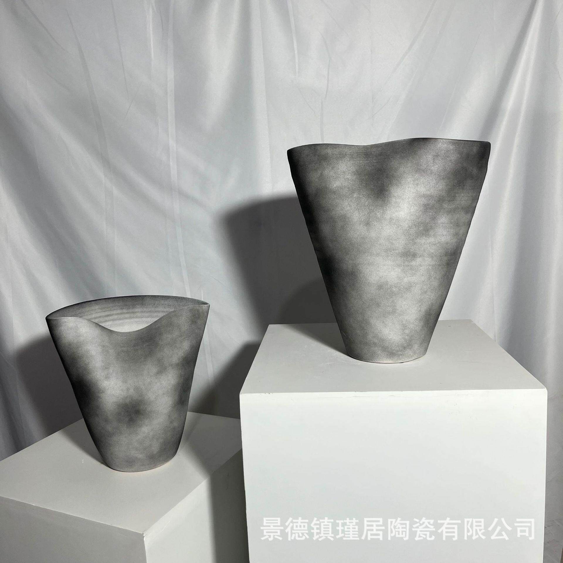新中式手工拉柸三件套异形花瓶、果盘、现代简约家居软装创意摆件