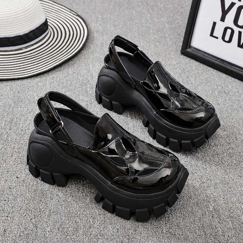 2025夏季漆皮镂空松糕鞋女厚底后绊带一字扣纯色低帮圆头百搭凉鞋,女鞋,深口单鞋,淘宝优惠券,粉丝福利购,淘宝优惠卷