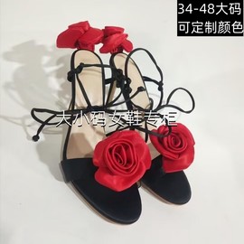 欧美外贸绸缎红色玫瑰花朵，高跟凉鞋大码细跟后跟，脚腕绑带女鱼嘴鞋