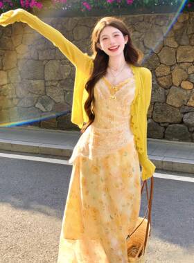 2026款漂亮高级感小个子雪纺长裙黄色碎花吊带两件式洋装装女夏