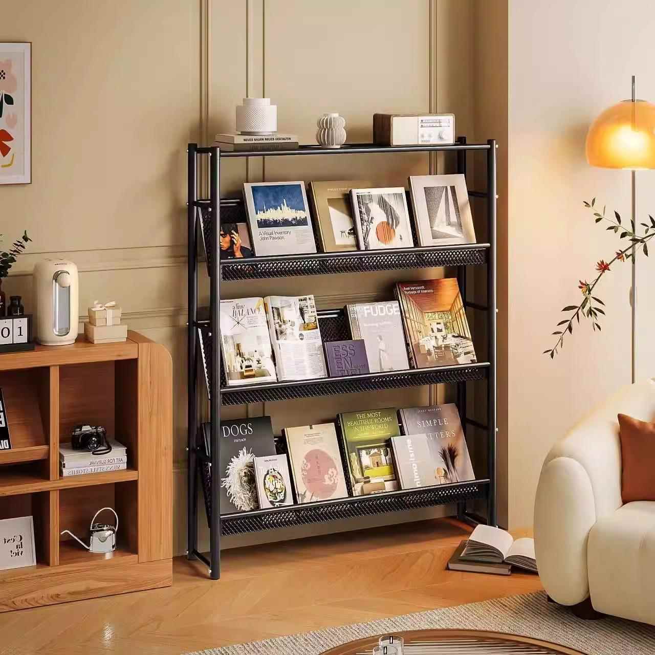 铁艺书架落地书报架杂志报纸收纳家用客厅书刊展示架复古靠墙书柜