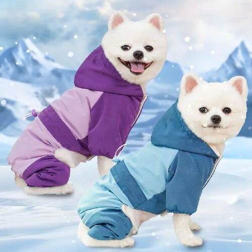 Pet Ski Suit Windproof Dog Hooded Jumpsuit Thick Velvet